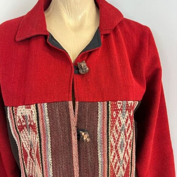 Vintage 70s Handmade Argyle Print Red Wood Button Owls Jacket Coat Size Small - Picture 3 of 16